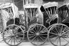 India, West Bengal, Kolkata, College Square. Rickshaws in a line. In BW. Art Print
